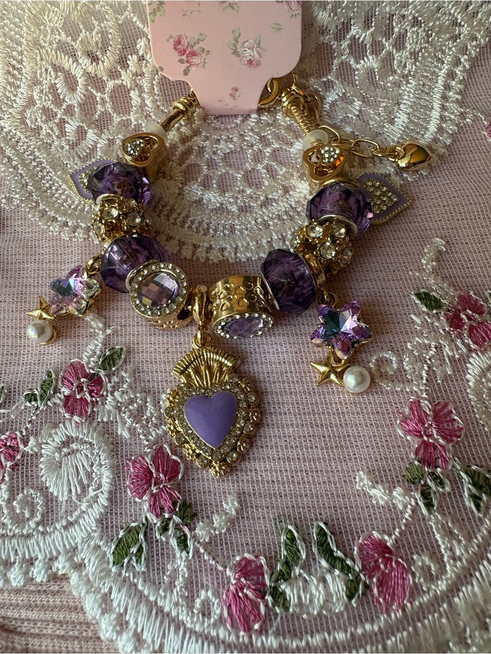Gold-Tone Purple Heart Charm Bracelet - Women Jewelry